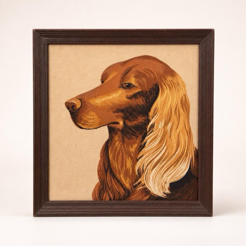 VTG Hand-Stitches Trapunto (3D) Puffy Fabric Picture Golden Retriever Framed Art